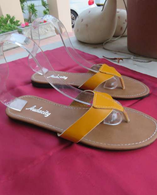 Mustard Flip Flop Sandals by Audacity, Size 8