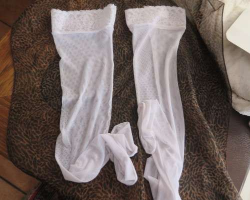 Pair of white size Medium stretch netting stockings for the BRIDE. Up to over knees. New