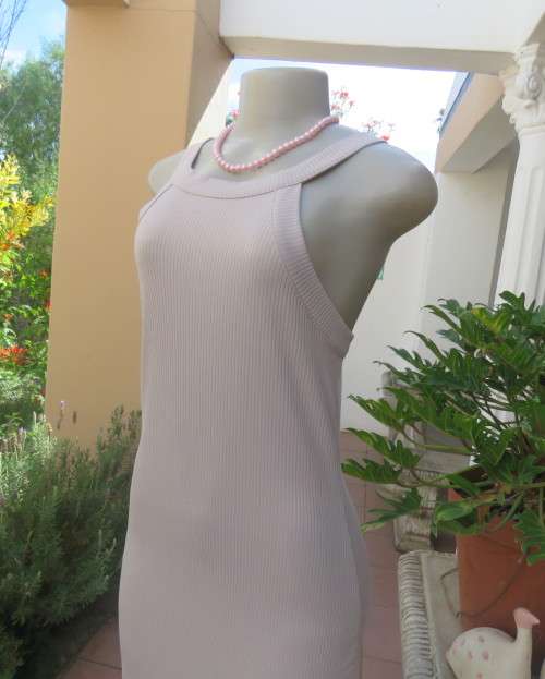Sexy silk paper beige bodycon dress by AUDACITY size 36/12.In stretch polyester.Scooped strappy neck