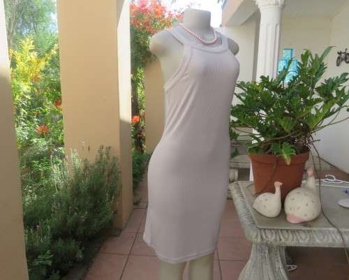 Sexy silk paper beige bodycon dress by AUDACITY size 36/12.In stretch polyester.Scooped strappy neck