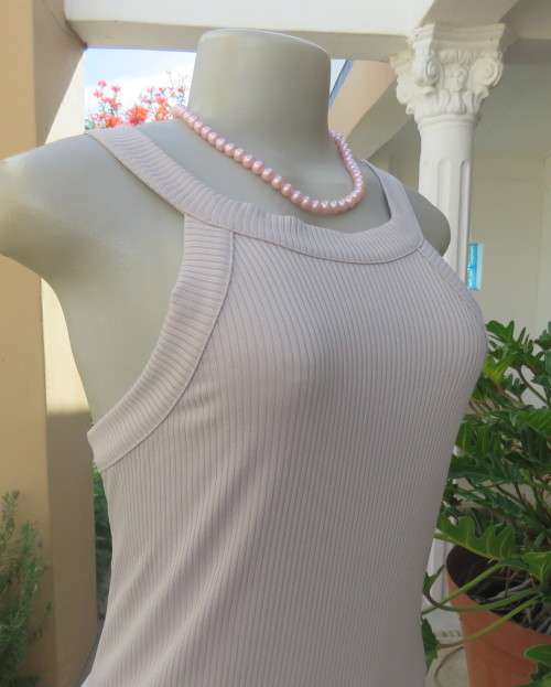 Sexy silk paper beige bodycon dress by AUDACITY size 36/12.In stretch polyester.Scooped strappy neck