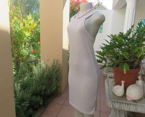 Sexy silk paper beige bodycon dress by AUDACITY size 36/12.In stretch polyester.Scooped strappy neck
