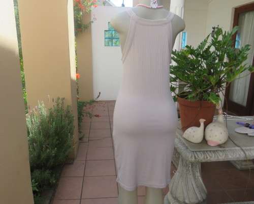 Sexy silk paper beige bodycon dress by AUDACITY size 36/12.In stretch polyester.Scooped strappy neck