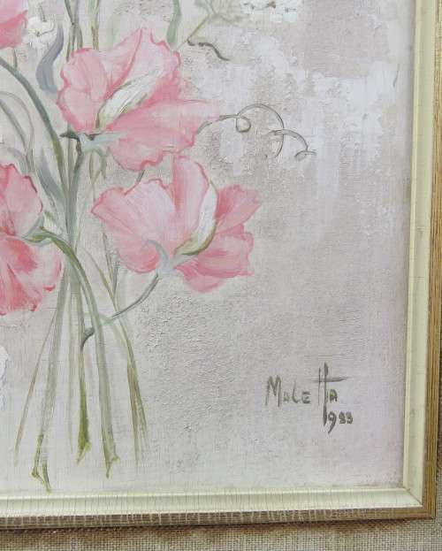 Set of 2 original paintings by Matetta 1983. Actual painting 28cm x 37cm. Pink flowers.Very good con