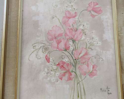 Set of 2 original paintings by Matetta 1983. Actual painting 28cm x 37cm. Pink flowers.Very good con