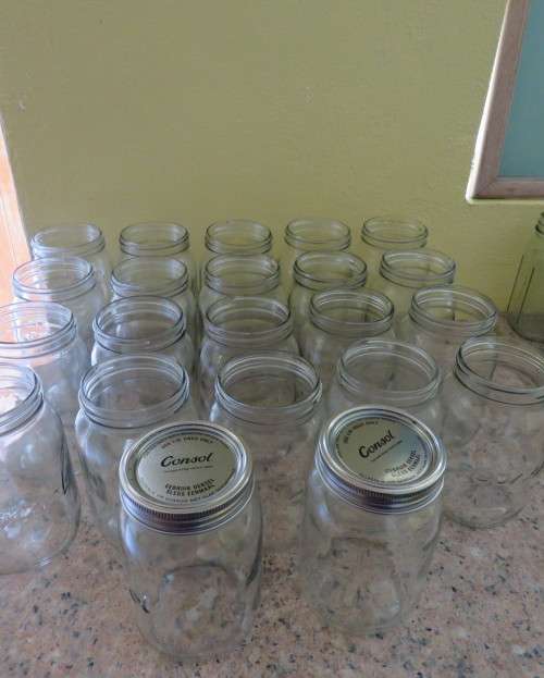 23 x Consul 1Litre preserve jars with new metal domes and lids. From late 80`s New condition.