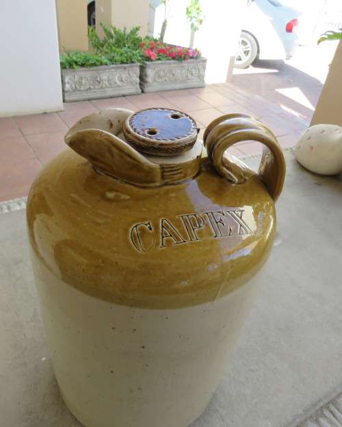Vintage CAPEX glazed stonewear jug with stopper. Height 36cm. Diameter 23cm. Very good condition.