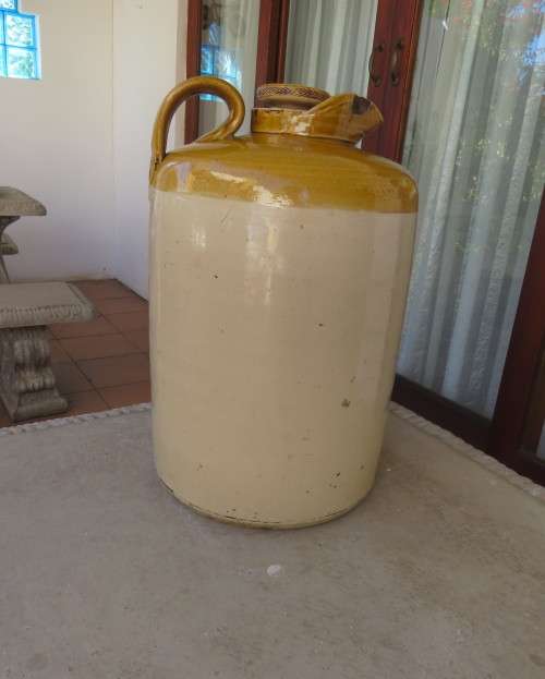 Vintage CAPEX glazed stonewear jug with stopper. Height 36cm. Diameter 23cm. Very good condition.