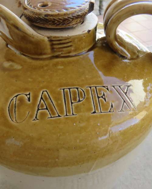 Vintage CAPEX glazed stonewear jug with stopper. Height 36cm. Diameter 23cm. Very good condition.