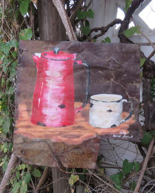Unique junk art by DEON ASSUR 2012 on rusted metal. Red coffee pot with white mug.Size 36cm x 36cm
