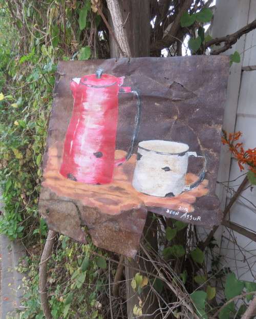 Unique junk art by DEON ASSUR 2012 on rusted metal. Red coffee pot with white mug.Size 36cm x 36cm