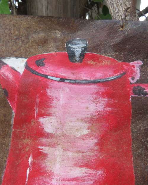 Unique junk art by DEON ASSUR 2012 on rusted metal. Red coffee pot with white mug.Size 36cm x 36cm