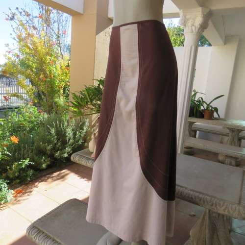Unique ethnic colour blocked maxi skirt in cream/brown. Bandless.Polycotton stretch.By CYCAD.Size 40