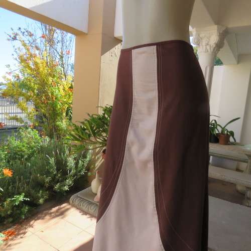 Unique ethnic colour blocked maxi skirt in cream/brown. Bandless.Polycotton stretch.By CYCAD.Size 40