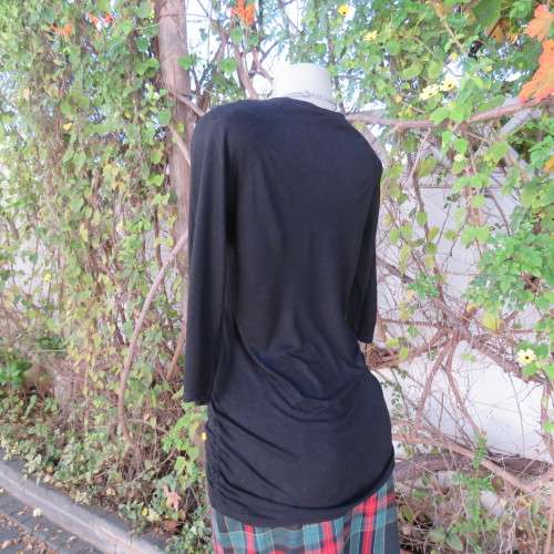 Casual long black viscose stretch top with gathered bottom sides.Elbow sleeves.By WOOLWORTHS size 36