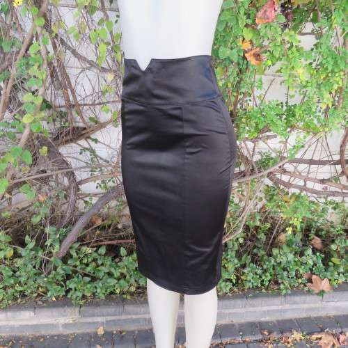 Luxury black satin look stretch polycotton bodycon high waisted skirt. Wide yoked waistband.Size 32.