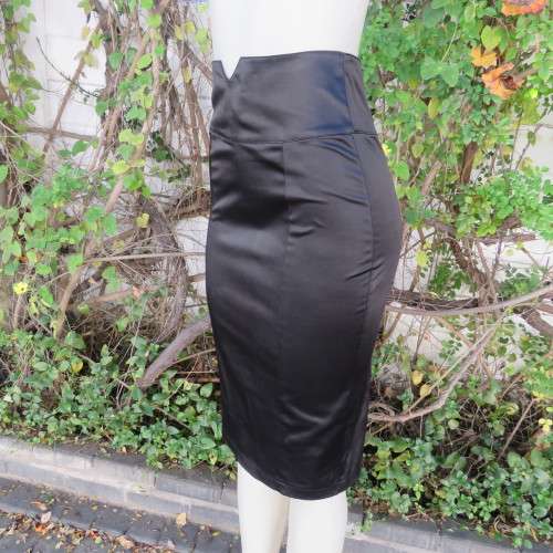 Luxury black satin look stretch polycotton bodycon high waisted skirt. Wide yoked waistband.Size 32.