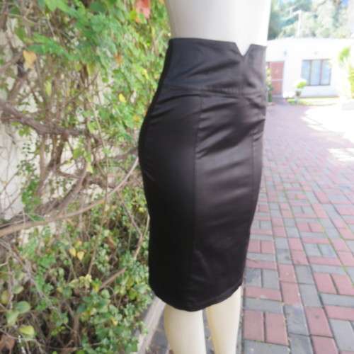 Luxury black satin look stretch polycotton bodycon high waisted skirt. Wide yoked waistband.Size 32.