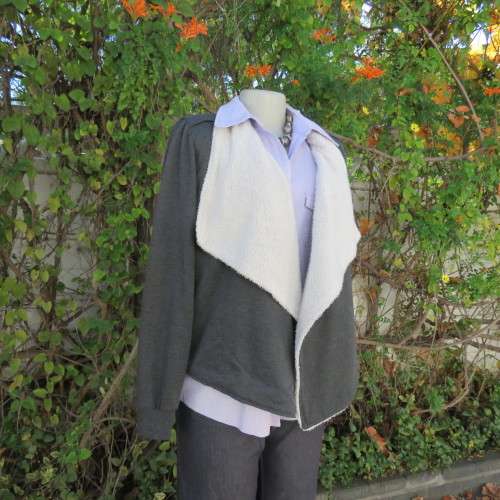 Warm charcoal grey polycotton with beige fluffy inner jacket/cover up size 34/10.Wide shawl collar.