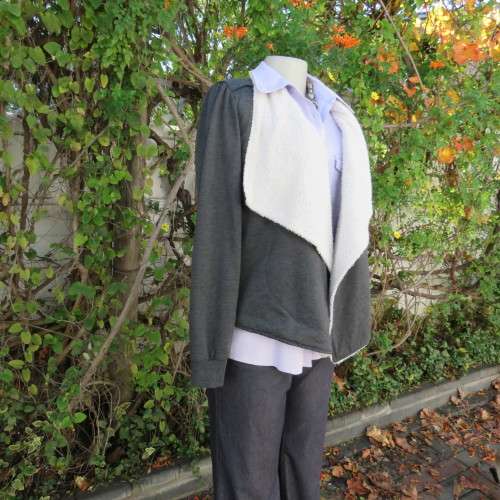 Warm charcoal grey polycotton with beige fluffy inner jacket/cover up size 34/10.Wide shawl collar.