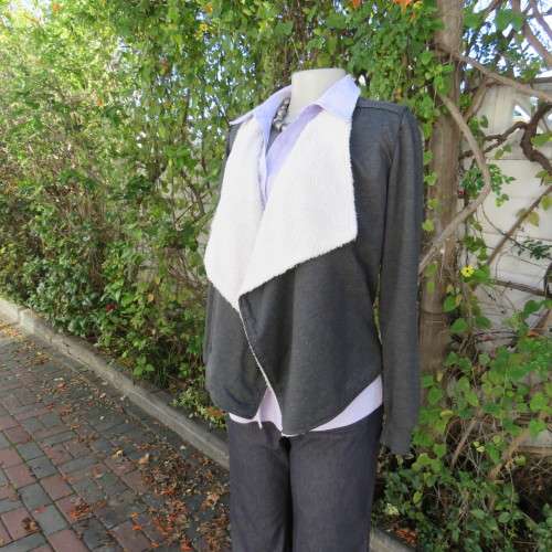 Warm charcoal grey polycotton with beige fluffy inner jacket/cover up size 34/10.Wide shawl collar.