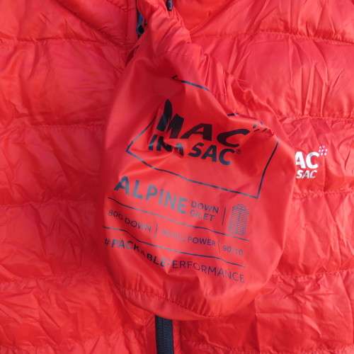 MAC in a SAC with alpine 80gr down gilet in scarlet red. Size Large. Pack in small bag.Brand new.