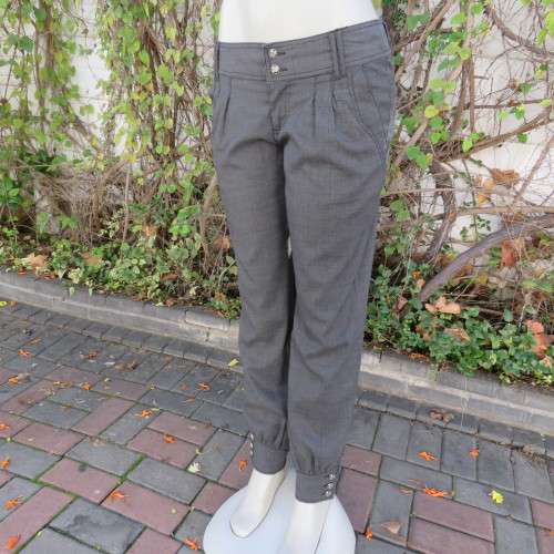 Perfect fit fine black/grey check size 34 low rise pants by LEGIT. Poly/rayon stretch. Leg cuffs.