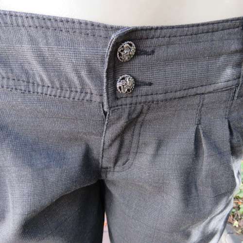 Perfect fit fine black/grey check size 34 low rise pants by LEGIT. Poly/rayon stretch. Leg cuffs.