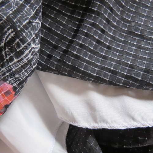 Cool black opaque check A-line dress with white lining. Bold floral design. Size 38 by JUDY,S PRIDE.