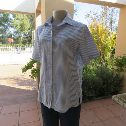 Cool short sleeve ladies vertical jade/white striped shirt.Embroidery on front/yoke back.COLLINS 34