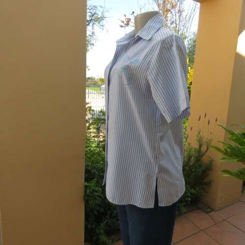 Cool short sleeve ladies vertical jade/white striped shirt.Embroidery on front/yoke back.COLLINS 34