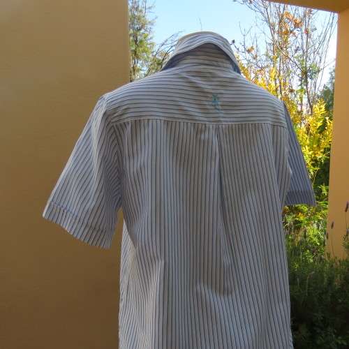 Cool short sleeve ladies vertical jade/white striped shirt.Embroidery on front/yoke back.COLLINS 34
