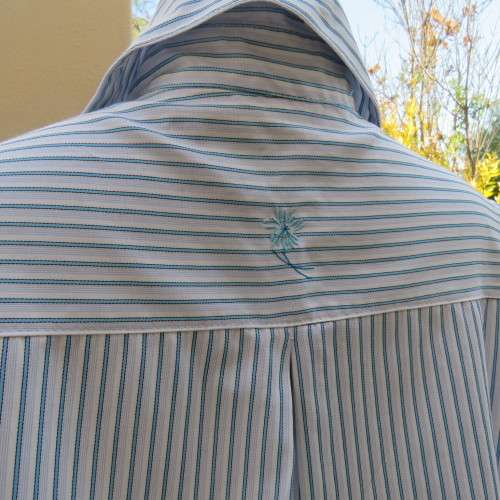 Cool short sleeve ladies vertical jade/white striped shirt.Embroidery on front/yoke back.COLLINS 34