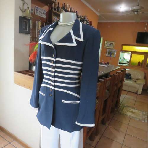 Luxury 80`s navy tailored long sleeve jacket with white stripe decoration..WOOLWORTHS size 36.As new