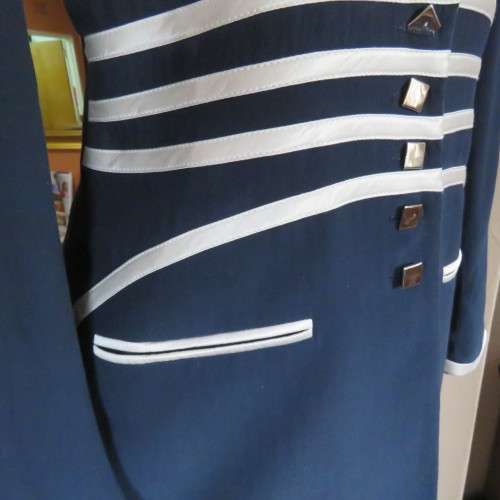 Luxury 80`s navy tailored long sleeve jacket with white stripe decoration..WOOLWORTHS size 36.As new