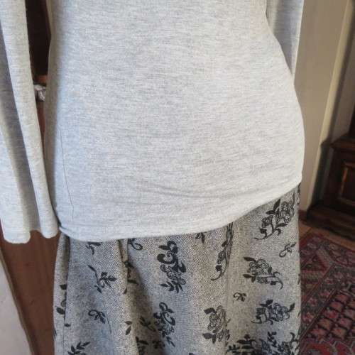 Silver grey long sleeve size 36/12 empire waist top with fold over bust. By JFK. Stretch viscose.