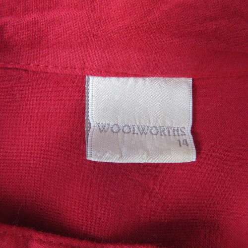 Fiery red sleeveless button down top with mandarin collar by WOOLWORTHS size 38/14. Viscose/cotton.
