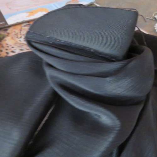 Lovely black silky polyester button down top. Tiny cut-on sleeves. Wide pointed collar. Size 40/16.