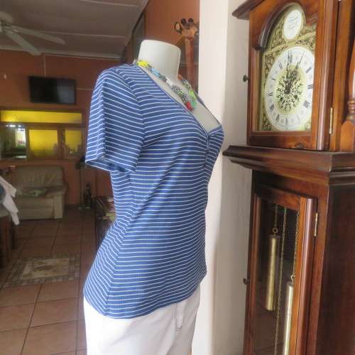 Casual navy/white horizontal striped capped sleeve top size 36/12. Lace decoration at back. As new