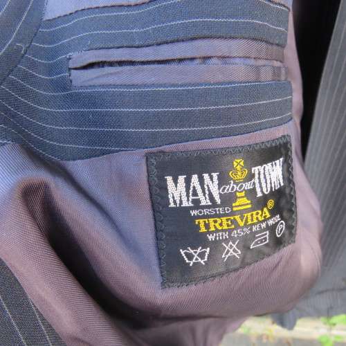 Men`s very dark navy/thin grey stripes 2 pc trevira with 45% new wool suit. Jacket 42R. Pants 40.