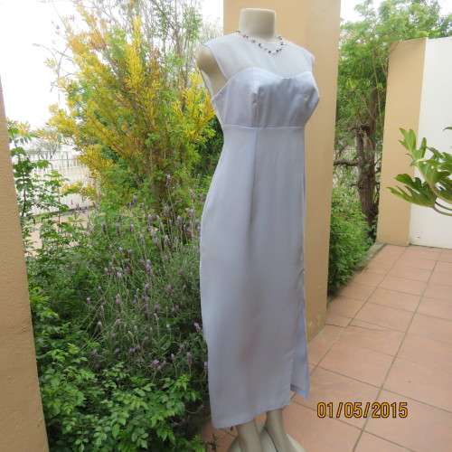 Beautiful long powder blue satin evening dress. With stunning back.Size 36. No label. As new cond.