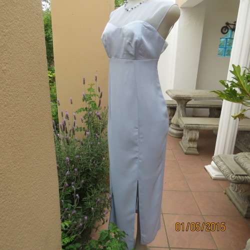 Beautiful long powder blue satin evening dress. With stunning back.Size 36. No label. As new cond.