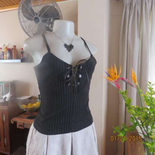 Cheeky black pinstripe tailored strappy top in poly/viscose stretch.Braiding on front.By URB size 32