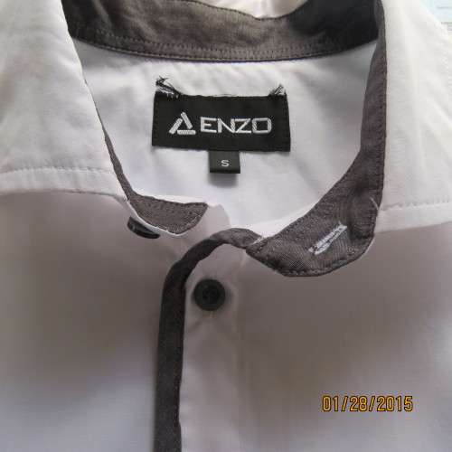 Smart ENZO men`s white long sleeve shirt with grey edging and elbow patches. Size S - 94cm chest.