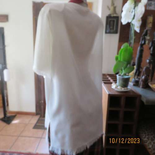 High quality light cream RAOUL size 40/16 long short sleeve top. Fringed hems. Partly button down.