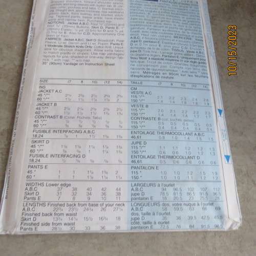 BUTTERICK sewing pattern for teens jacket/pants/skirt. Ages 7 to 14. Good condition.