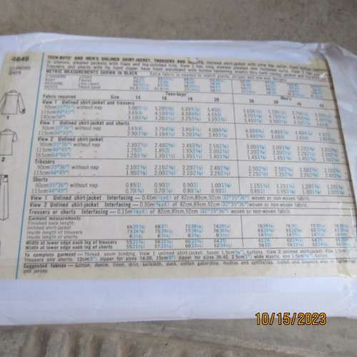 STYLE sewing pattern for men`s unlined shirt-jacket/trousers/shorts. Sizes 36 to 42. Good condition