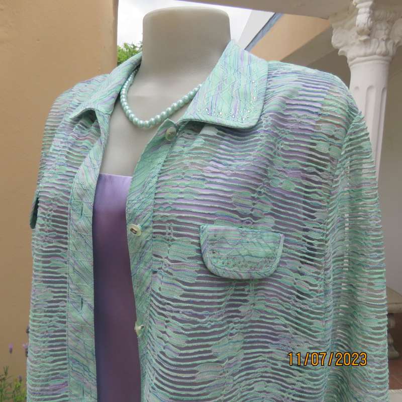 Amazing Agora fashion see-through jacket with embossed light turquois/ lilac pattern.Size 36/12.New