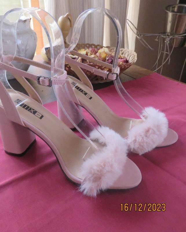 Pink fluffy block heels on sale
