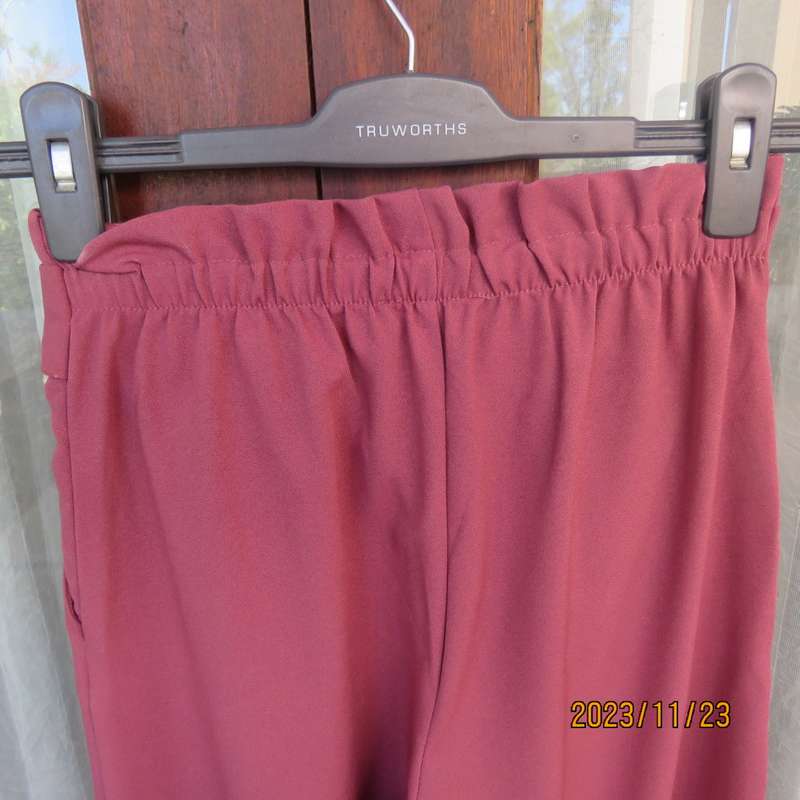 Stunning rouge pink wide legged pants with pleated front/elastic back. Front belt. Size 30/6.As new